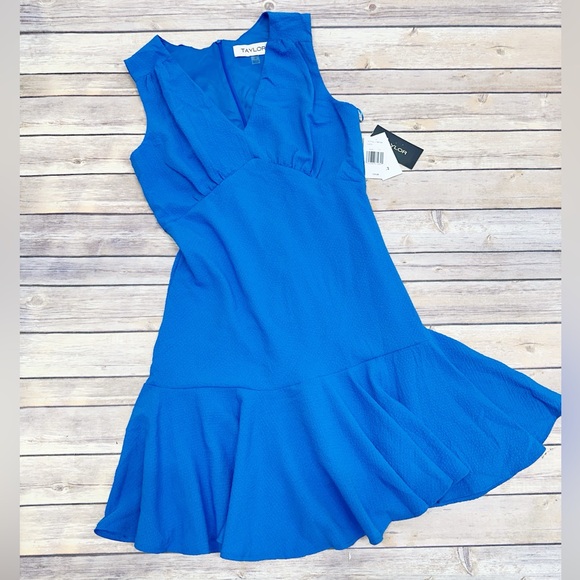 Taylor Textured Sleeveless Ruffle-Hem Dress in Lapis size 12 - Picture 2 of 6